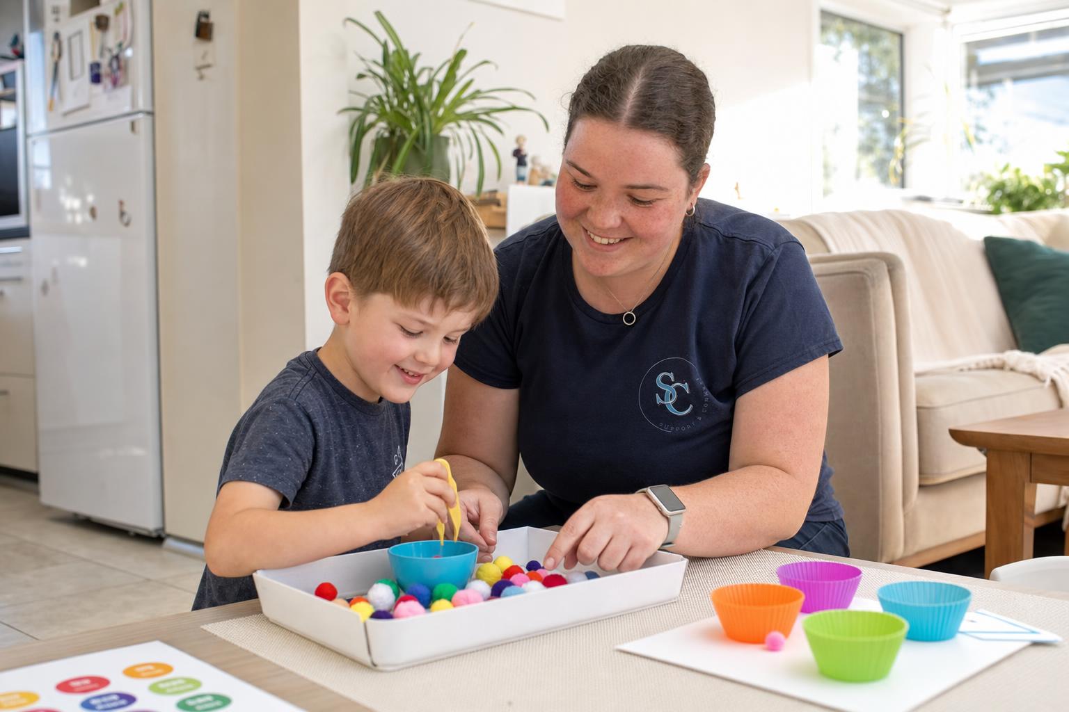 Emma, Allied Health Assistant at S&C Allied Health, working with a child at home in the Riverland